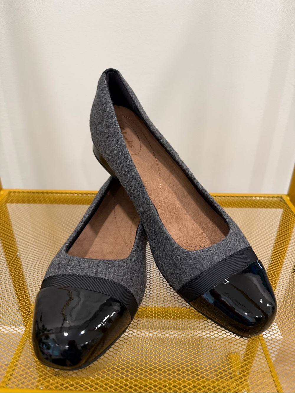Clarks Gray Fabric Ballet Flats with Black Patent Cap Toe